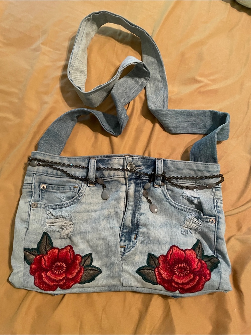 Handmade denim crossbody bag with rose embroidery lined 14x8.5